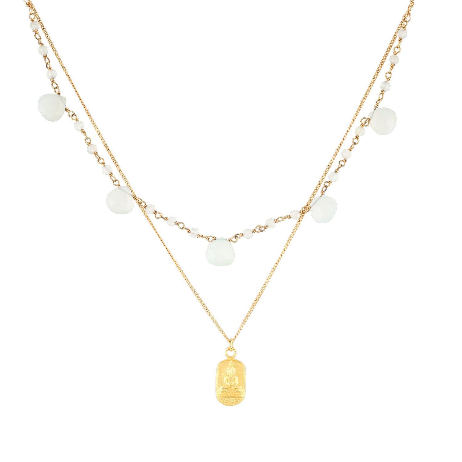 Layering Kette aus Choker Kette mit Amazonit Edelsteinein und goldene Buddha Kette.