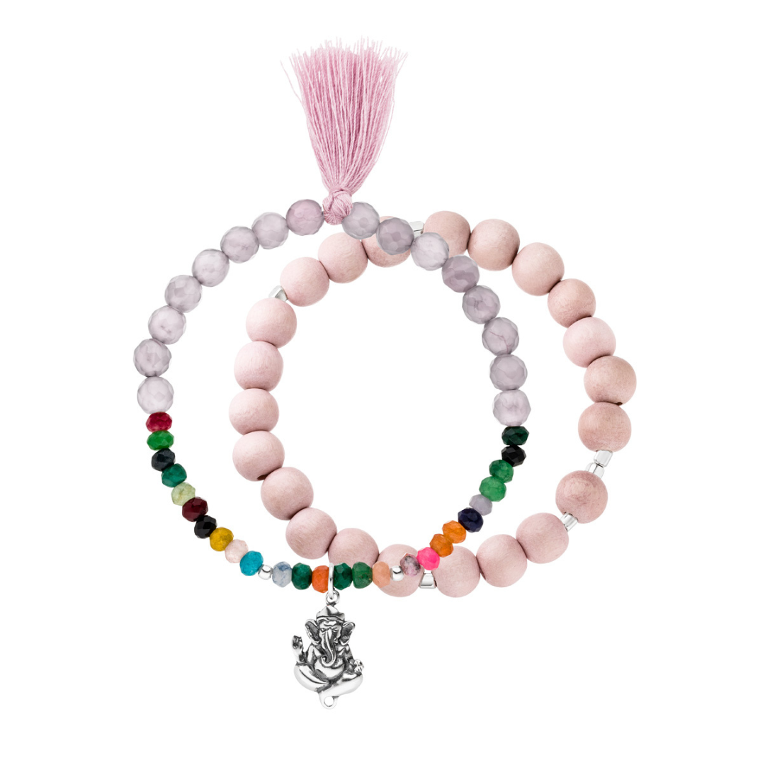 Mala Armband Set mit Silber Ganesha Anhänger und bunten Edelsteinen.